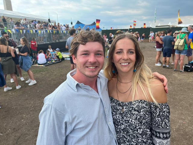 Jack Pollard, 31, and Evie Snell loved the Sugarbabes performance, saying they brought ‘hit after hit’. Jack is a Sugababes super fan. Picture: Richard Lemmer.