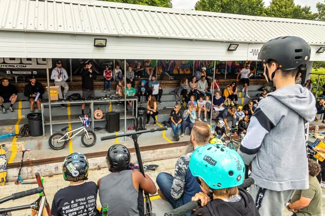 Crowds gathered at Southsea Skate park to hear the address by Declan Brooks. Picture: Mike Cooter (070821)