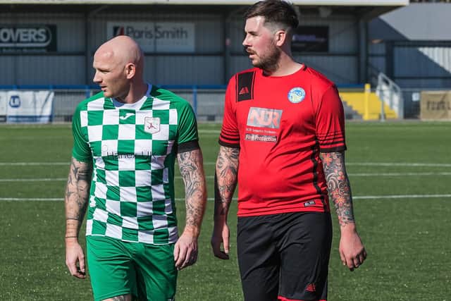Andy Brown (Mob, left) and Chris Foy. Pic: Mike Cooter.