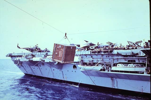 A hefty load being transferred  to the carrier HMS Centaur in 1964