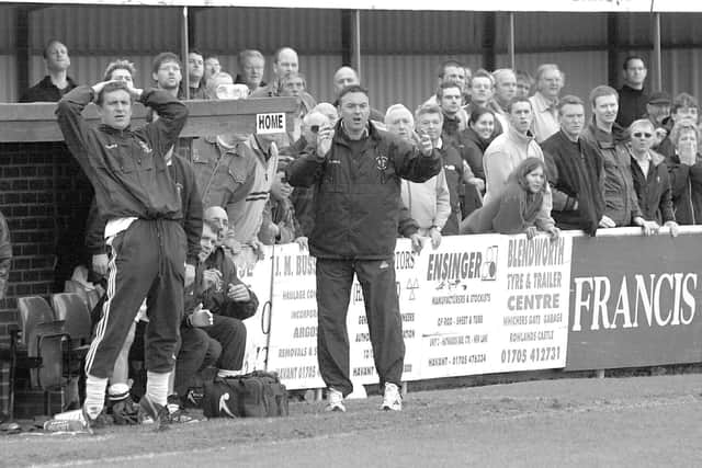 Joint managers Liam Daish and Mick Jenkins (right) look on during Hawks' FA Trophy semi-final second leg with Tamworth at Westleigh Park in 2003. Picture: Michael Scaddan.