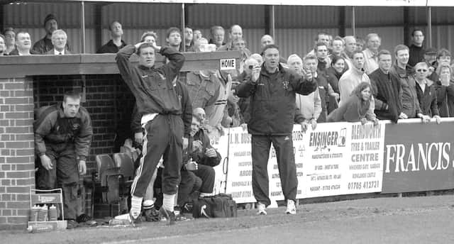 Joint managers Liam Daish and Mick Jenkins (right) look on during Hawks' FA Trophy semi-final second leg with Tamworth at Westleigh Park in 2003. Picture: Michael Scaddan.