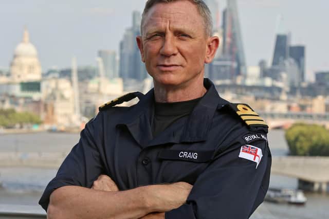 Pictured: Commander Daniel Craig
Daniel Craig best know for playing the role of James Bond in the long running 007 film series recieves the honoarary Royal Navy rank of Commander from the Head of the Royal Navy, First Sea Lord Admiral Sir Tony Radakin KCB ADC at the Corinthia Hotel in London on 22nd September 2021
