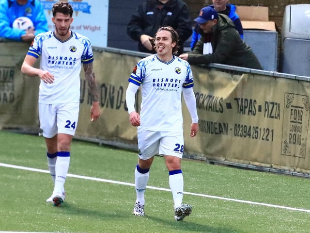 Sam Matthews has just scored Hawks' third goal. Picture by Dave Haines