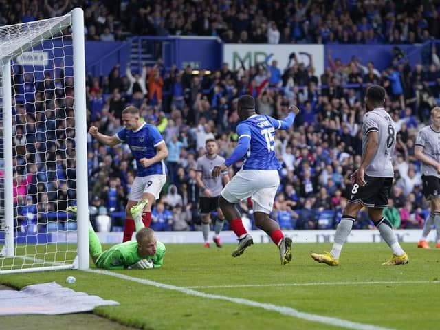 Fratton Park celebrates after Kusini Yengi (out of picture) heads home a 92nd-minute equaliser in Saturday's 1-1 draw with Bristol Rovers. Picture: Jason Brown/ProSportsImages