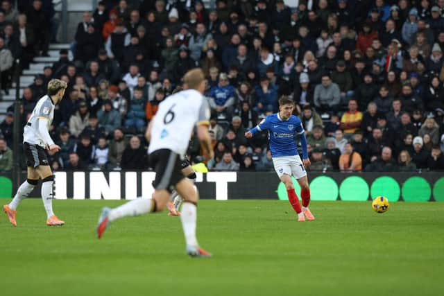 Pompey's Mark Kosznovszky on the attack against Derby. Picture: Steve Mower/ProSportsImages