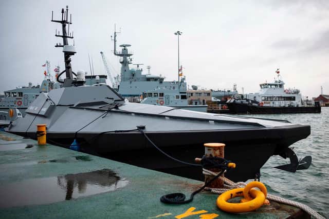 The new Madfox autonomous boat docked at HMNB Portsmouth. Photo: Royal Navy