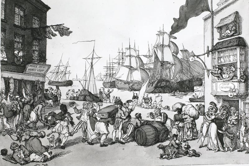 Sailors on shore leave at Portsmouth Point, England, with their ships in the background, circa 1800. By Thomas Rowlandson. (Photo by Hulton Archive/Getty Images)