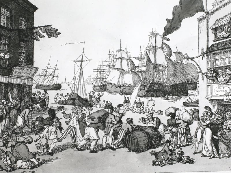 Sailors on shore leave at Portsmouth Point, England, with their ships in the background, circa 1800. By Thomas Rowlandson. (Photo by Hulton Archive/Getty Images)