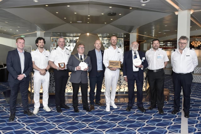 Pictured is: (left) Andrew Williamson, passenger operations manager (Portsmouth International Port), (fourth from left) deputy Lord Mayor of Portsmouth Jason Fazackarley, (fifth from left) Mike Sellers, port director (Portsmouth International Port), (sixth from left) Captain of Mein Schiff 3 Simon Böttger and (third from right) cllr. Hugh Mason with staff from Mein Schiff 3.