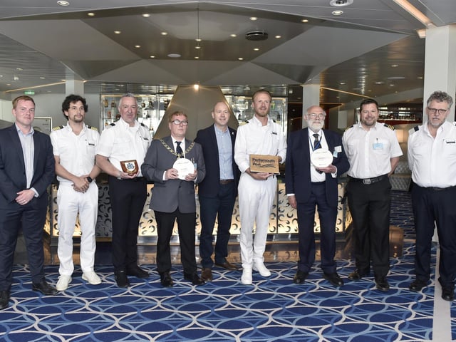 Pictured is: (left) Andrew Williamson, passenger operations manager (Portsmouth International Port), (fourth from left) deputy Lord Mayor of Portsmouth Jason Fazackarley, (fifth from left) Mike Sellers, port director (Portsmouth International Port), (sixth from left) Captain of Mein Schiff 3 Simon Böttger and (third from right) cllr. Hugh Mason with staff from Mein Schiff 3.