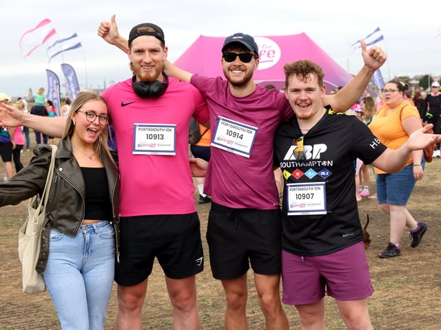 Race For Life event in Southsea, Hampshire. Pictured (L-R) Paige Doyle, Jake Burfoot, Callum Harvey and Sam Walker.Sunday 30th June 2024.Picture: Sam Stephenson.