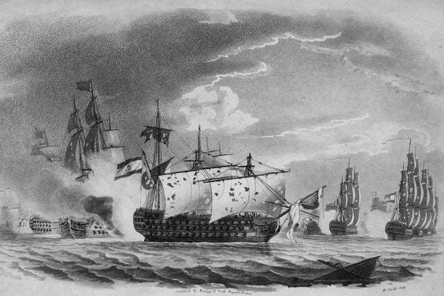 HMS Victory, flagship of Admiral Sir John Jervis delivers a full broadside to the Spanish ship of the line Salvador del Mundo at the Battle Cape St Vincent during the French Revolutionary Wars on 14 February 1797 near Cape St. Vincent, Portugal. Aquatint engraving by Richard Dodd. (Photo by Hulton Archive/Getty Images)