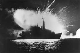 HMS Antelope pictured exploding 40 years ago in San Carlos Bay