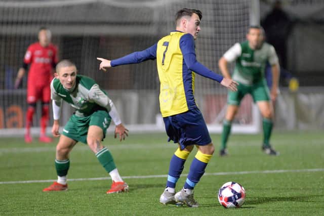 Goalscorer Ryan Pennery in action during Moneyfields' win over Blackfield at Westleigh Park. Picture by Martyn White