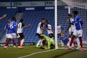 Sean Raggett nets Pompey's first against Fulham Under-21s in the EFL Trophy. Picture: Jason Brown/ProSportsImages