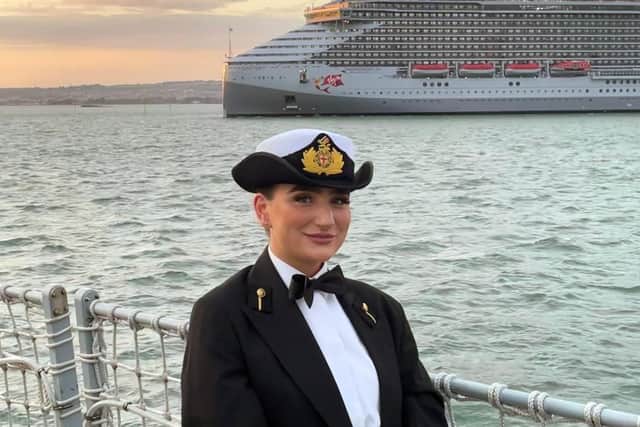 Cadet Scarlett Barnett-Smith in formal dinner wear as Virgin's Scarlet Lady cruise ship sails past HMS Tamar
Picture: Courtesy of Cadet Scarlet Barnett-Smith