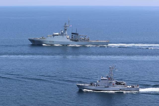HMS Trent, rear, pictured supporting the Ukrainian Navy.