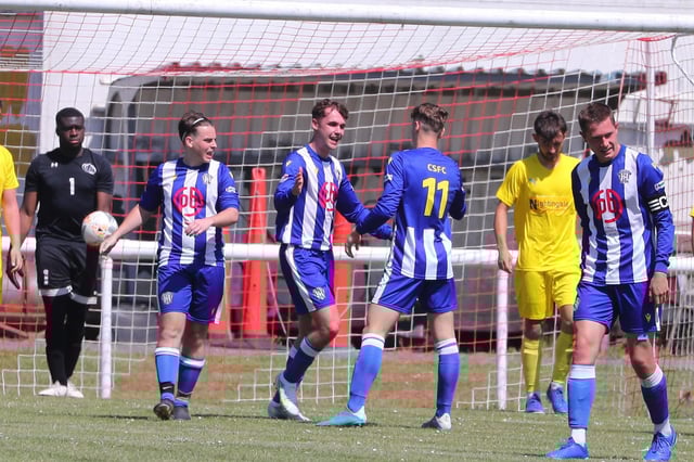 Crofton Saints' Dan Francis celebrates after scoring his side's second goal. Picture: Stuart Martin
