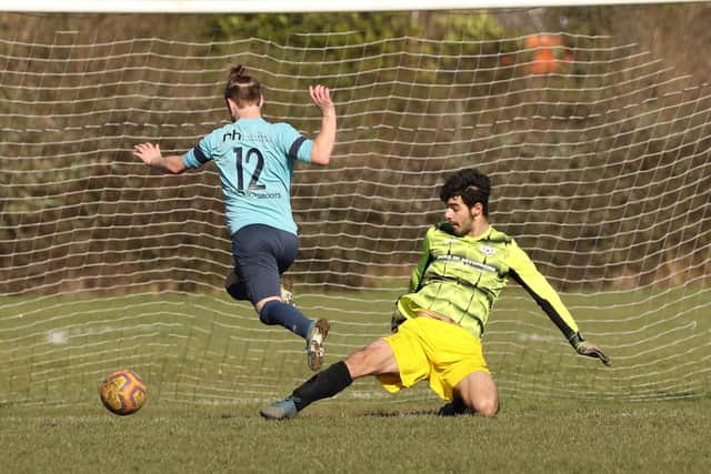 Al's Bar about to score against Saturn Royale in a Division 5 fixture. Picture: Kevin Shipp