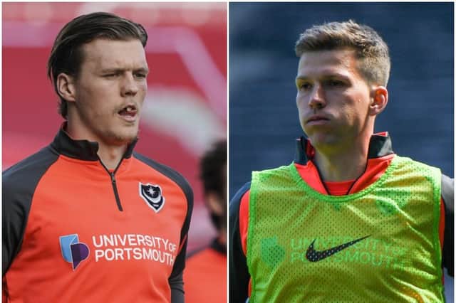 Sean Raggett, left, or Paul Downing will likely make way for Jack Whatmough's Pompey return against Accrington.