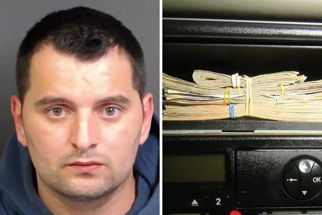 Marinel Danut Palage, 31, a lorry driver has been jailed for nine years at Bournemouth Crown Court on April 13, for smuggling migrants into the UK in the back of his refrigerated truck carrying spinach. Pictured is cash hidden in his lorry. Picture: National Crime Agency/PA.