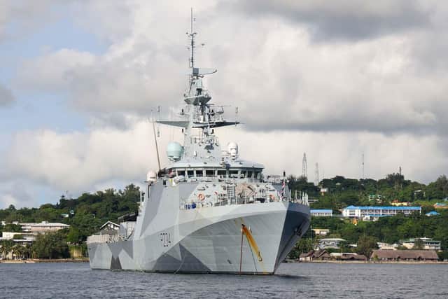 HMS Spey anchors at Vanuatu following the ship's previous humanitarian relief mission to Tonga in January