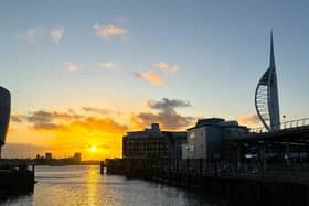A dramatic sunset behind the Isle of Wight Car Ferry Terminal, Old Portsmouth