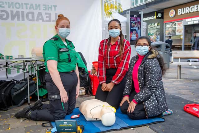 CPR training day for the public at Commercial Road, Portsmouth for Restart a Heart day on Friday 15th October 2021
Pictured: Amy Hughes with Stephenie Ogborogu and Nourin Shamnad
Picture: Habibur Rahman