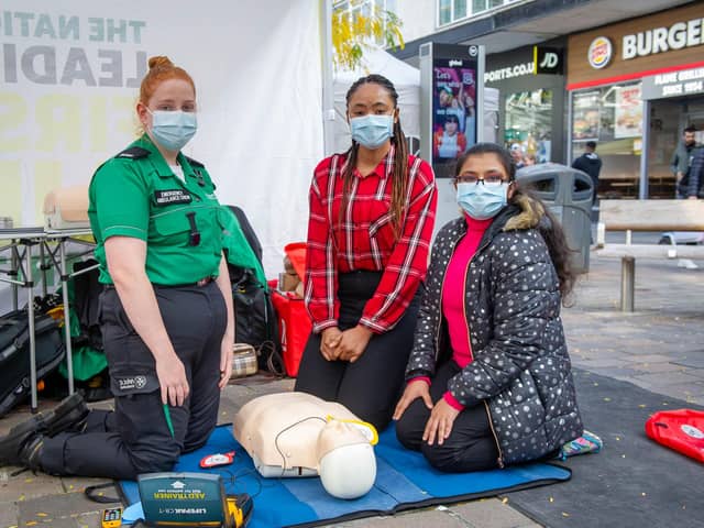 CPR training day for the public at Commercial Road, Portsmouth for Restart a Heart day on Friday 15th October 2021

Pictured: Amy Hughes with Stephenie Ogborogu and Nourin Shamnad

Picture: Habibur Rahman