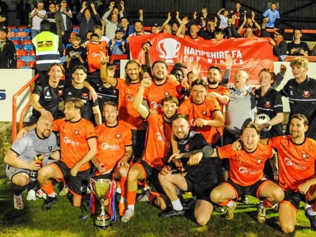 AFC Portchester celebrate winning the Hampshire Senior Cup for the first time in the club's history. Picture: Daniel Haswell