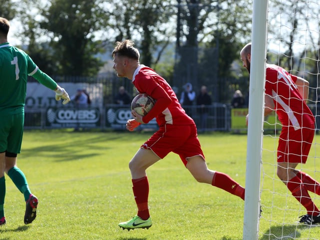 Horndean's Rob Taw has just netted a late consolation. Picture: Chris Moorhouse