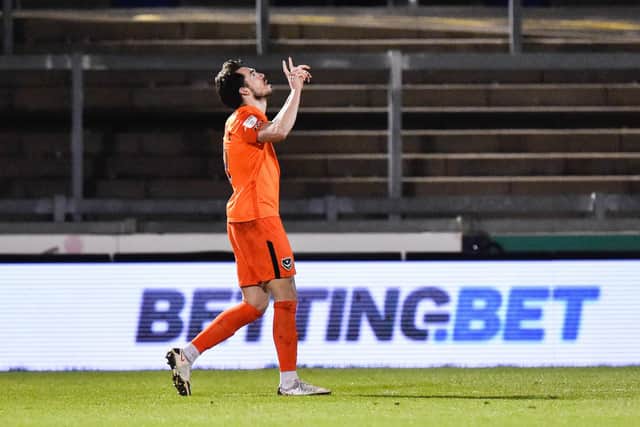 John Marquis celebrates giving Pompey the lead in the first half against Bristol Rovers in tonight's Memorial Stadium encounter. Picture: Graham Hunt/ProSportsImages
