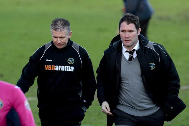 Gosport Borough boss Shaun Gale, left, worked as Lee Bradbury's long-term assistant manager during his seven years as Hawks boss Picture: Paul Jacobs (160012-22)