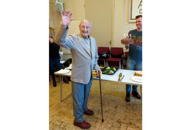 Boris Mayfield on his 101st birthday at Denmead Community Centre.