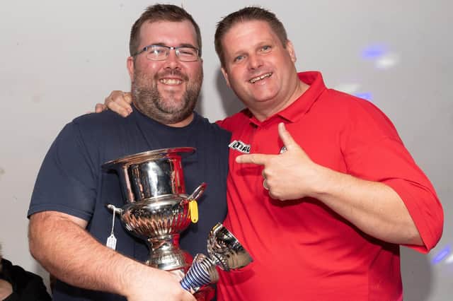 Danny Smith with former world champion Scott Mitchell after the former won the 2018/19 Portsmouth Men's League Individual KO trophy. In a much delayed 2019/20 final,  Smith defeated Justin Hughes to retain the silverware. Picture: Keith Woodland
