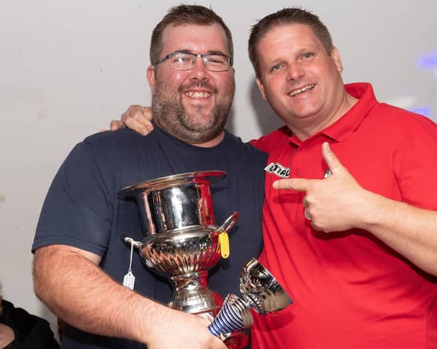 Danny Smith with former world champion Scott Mitchell after the former won the 2018/19 Portsmouth Men's League Individual KO trophy. In a much delayed 2019/20 final,  Smith defeated Justin Hughes to retain the silverware. Picture: Keith Woodland