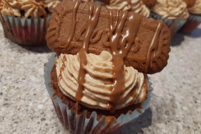 Charley Belcher, 21 from Waterlooville, baked hundreds of cakes to raise money for Alzheimer's Society. Pictured: Lotus biscoff cupcake