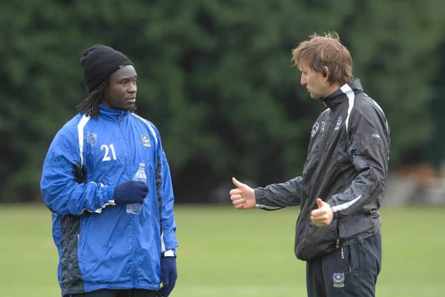 Assistant manager Tony Adams gives Linvoy Primus advice on the training pitch. Picture: Robin Jones/Digital South