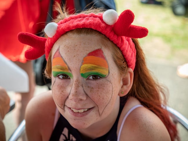 Mia Bannon (9) having her face painted at the Party in the Warren. Picture: Mike Cooter (080723)