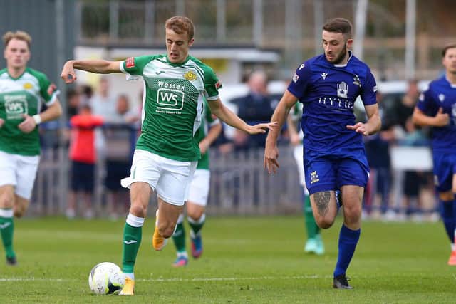 Harry Sargeant, right, netted Baffins' equaliser at champions Hamworthy last night - only for the hosts to snatch a late, late winner. Picture: Chris Moorhouse