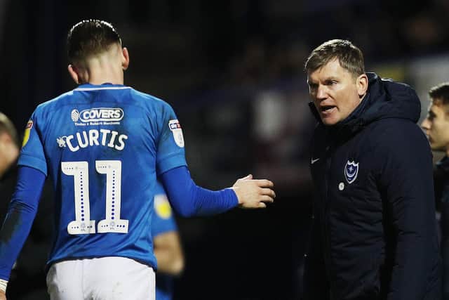 Pompey assistant-boss Joe Gallen speaks to Ronan Curtis. Picture: Joe Pepler