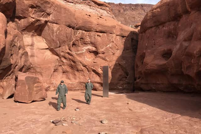 Handout photo dated 15/11/20 issued by Utah Department of Public Safety of a mysterious metal monolith that has been found planted in the ground in a remote part of the United States. Picture: PA Wire/ Utah Department of Public Safety