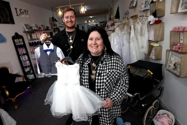 Grand opening of L&V Baby Attire in Cosham, Hampshire.

Pictured is Lesley Gofton and her son Vinnie.

Saturday 1st April 2023.

Picture: Sam Stephenson.