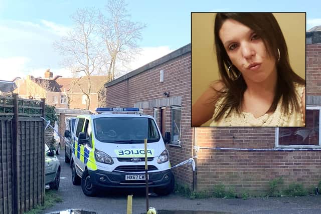 Police investigating after Kayleigh Dunning was found dead in Kingston Crescent, Portsmouth on December 17, 2019. Mark Brandford is on trial at Portsmouth Crown Court accused of her murder. Inset, Kayleigh Dunning. Picture taken December 20. Picture: Ben Fishwick/Hampshire police