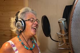 Vocalist Karen Williams (61) happy to be behind a microphone again at Therapy Room recording studio. Picture: Mike Cooter (190721)