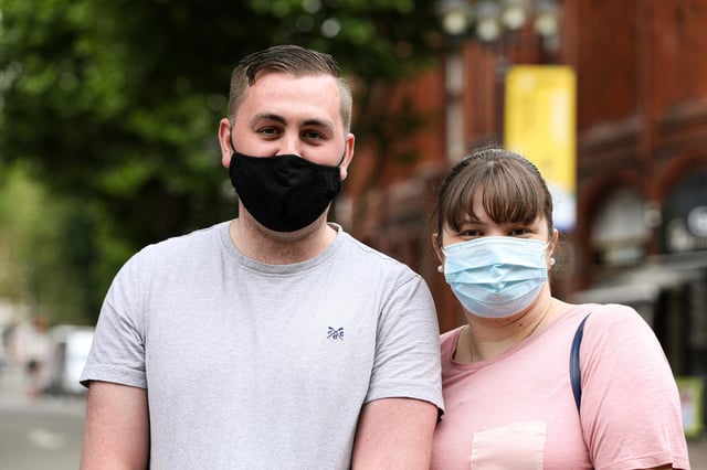 Friends Billy Lavender and Kim Harding. Covid-19 Vaccination Centre at Lalys Pharmacy, Guildhall Walk, Portsmouth
Picture: Chris Moorhouse (jpns 100621-06)