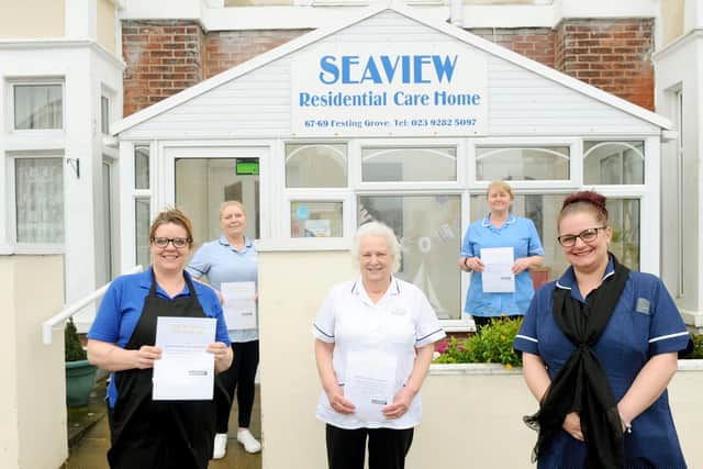 Seaview Residential Care Home in Southsea, have been awarded the Care Home of the Year Award 2020. Pictured is: (l-r) Ella Toms, chef, Sarah Harris, domestic, Margaret Young, deputy manager, Jackie Compton, senior carer, and Kacee May, home manager.Picture: Sarah Standing (140121-976)