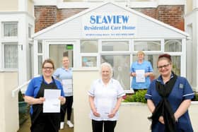 Seaview Residential Care Home in Southsea, have been awarded the Care Home of the Year Award 2020. Pictured is: (l-r) Ella Toms, chef, Sarah Harris, domestic, Margaret Young, deputy manager, Jackie Compton, senior carer, and Kacee May, home manager.Picture: Sarah Standing (140121-976)