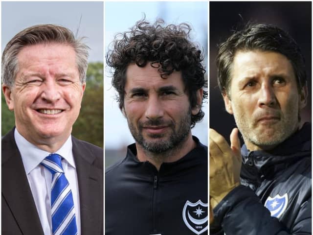 (L-R) CEO Andy Cullen, exiting head of football operations Roberto Gagliardi and head coach Danny Cowley.